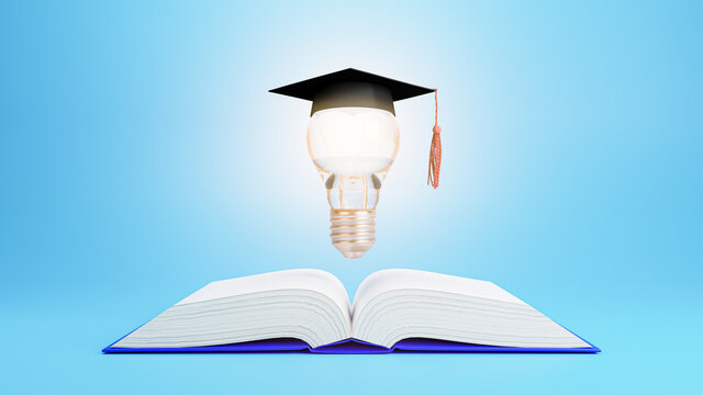 Open Book With Graduation Hat On Light Bulb. Education, Learning On School And University Or Idea Concept. 3d Illustration.