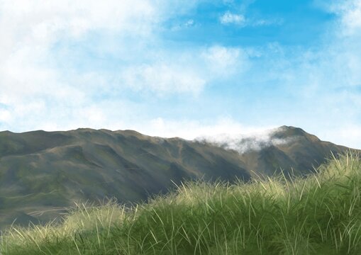 Yangmingshan national park, a digital painting of landscape of silver grass over the mountain with cloudy sky in Taipei, Taiwan raster 3D illustration anime background.