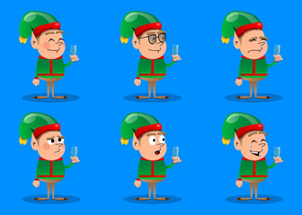 Christmas Elf with a glass of water. Vector cartoon character illustration of Santa Claus's little worker, helper.