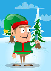 Christmas Elf with a glass of water. Vector cartoon character illustration of Santa Claus's little worker, helper.