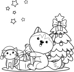 Christmas colouring book with cute husky