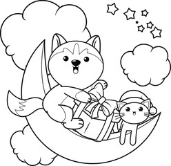 Christmas colouring book with cute husky