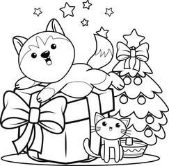 Christmas colouring book with cute husky