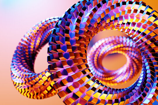 3D rendering abstract  purple metal  round fractals, portals.  round spiral on orange   isolated background