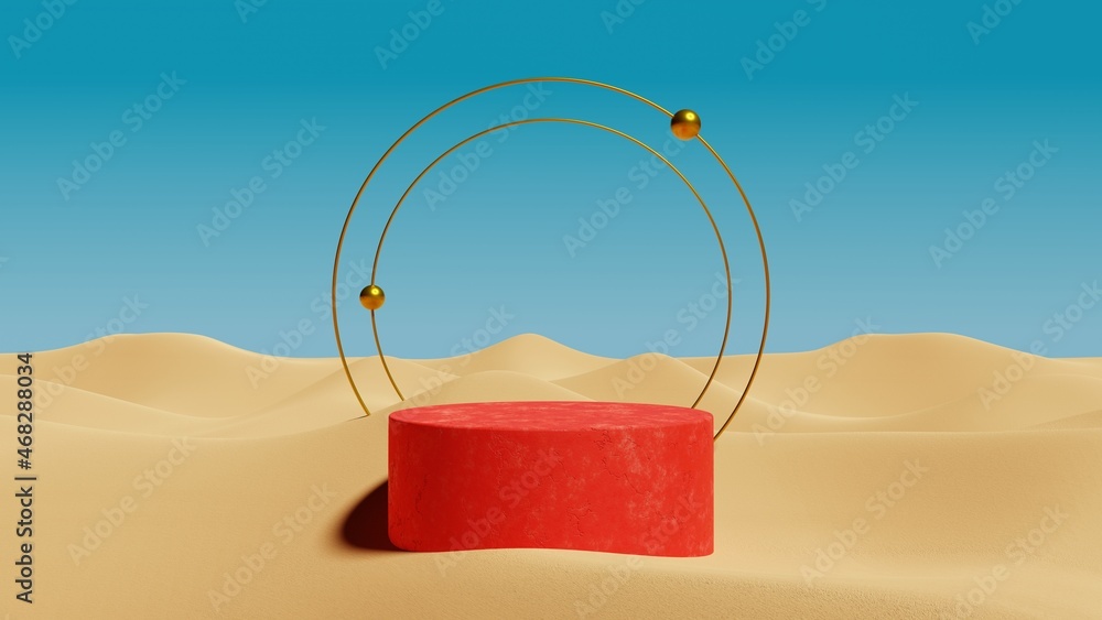 Aufkleber red stone cylinder podium with golden round frame on a desert landscape.product display plateform te