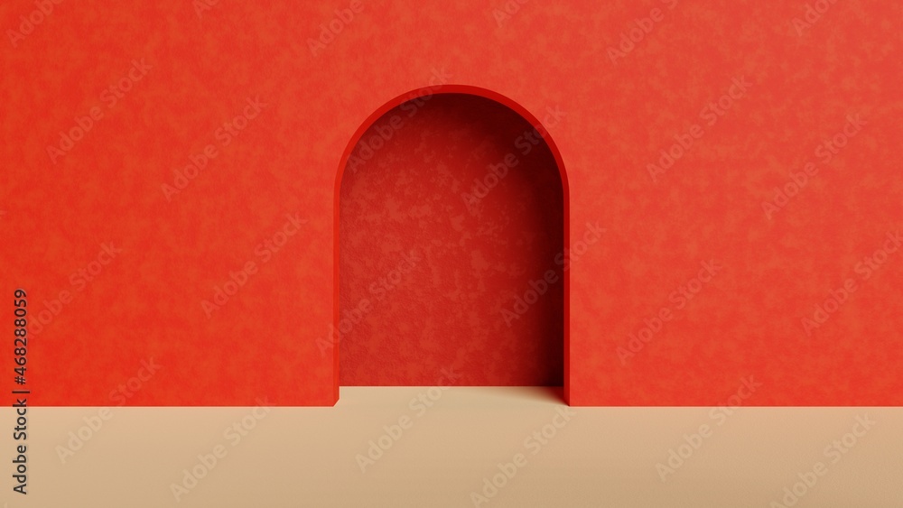 Poster red concrete wall architectural structure with arch on the sand dune.abstract minimal surreal landsc