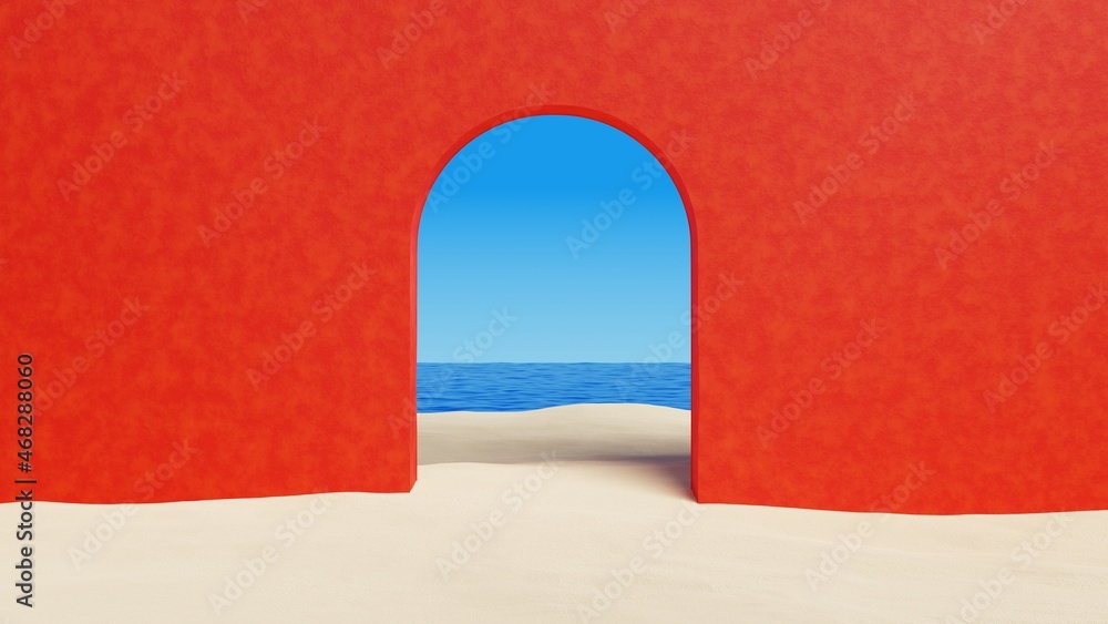 Poster red concrete wall architectural structure with arch on the sand beach with the ocean.abstract minima