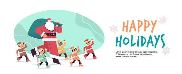 santa claus standing with mix race elves in uniform happy new year merry christmas holidays celebration concept