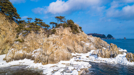 Far Eastern Marine Reserve in winter. Beautiful landscape of the Sea of Japan and the winter coast....
