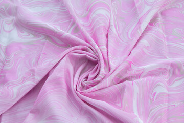 pink top view of base color silk, fabric with pink marble pattern silk, wavy, spiral, crease, swirl, backdrop, cloth background, have copy space for text