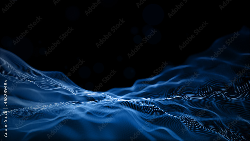Aufkleber blue particles wave flow digital abstract background. 3d rendering