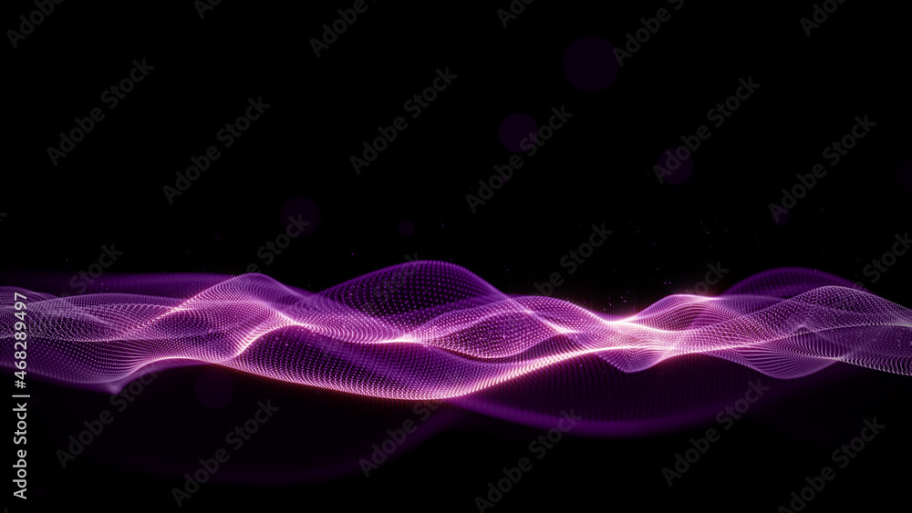 Poster purple particles wave flow digital abstract background. 3d rendering