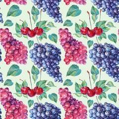 Seamless pattern watercolor hand drawn berries: purple red grape and cherry with green leaves on blue background. Summer autumn sweet food. Cute dessert. Art for menu, wallpaper, wrapping, sketchbook
