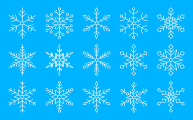 Snowflakes snow xmas symbol thin white line set. Winter element new year decor christmas contour. Linear freeze sticker hexagonal doodle shape holiday card invitation cold weather widget isolated