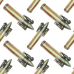 Seamless pattern watercolor hand-drawn bronze bullet lighter for stalker isolated on white background. Creative art for war, survival, travel, military, army, camping, man sketchbook, weapon