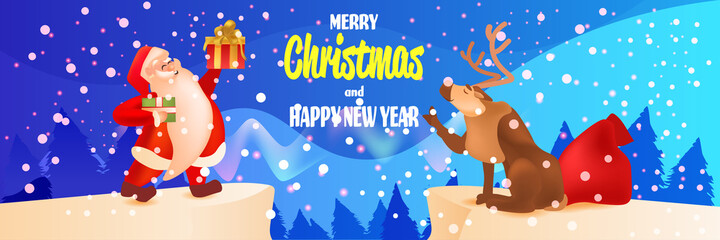 santa claus with reindeer holding gifts new year christmas holidays celebration concept lettering greeting card