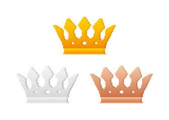Golden crown. Pixel art icon. 8-bit. Vector stock illustration.