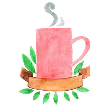 Red coffee cup , ribbon banner and green leaves watercolor illustration for decoratinon on coffee cafe and drinks concept.
