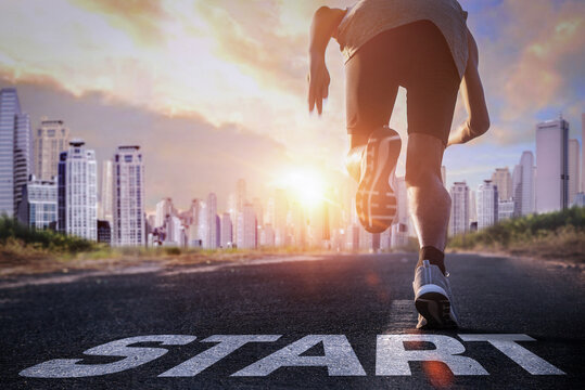 A runner is running get ready on starting on the road. Start line on the highway concept for business planning.