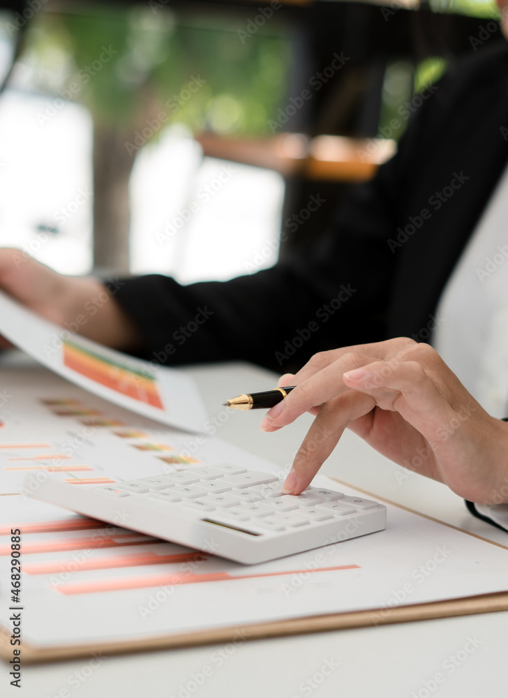 Poster business woman working with new startup project, discussion and analysis data the charts and graphs,