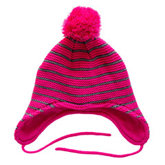 Pink winter knitted children hat isolated on white background
