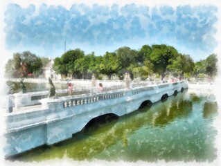 European bridge in the park watercolor style illustration impressionist painting.