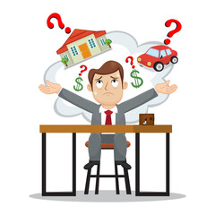 Businessman having financial problems thinking about house and car debt, Illustration vector cartoon