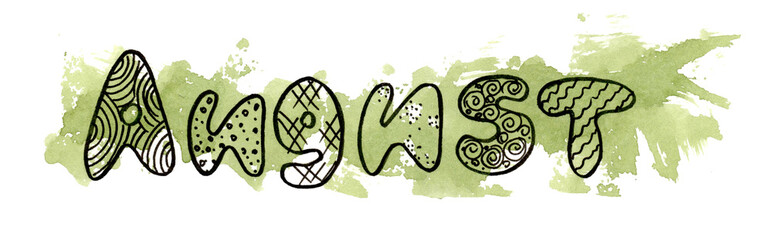 Summer black Line art lettering August month with Watercolor green blot on white background