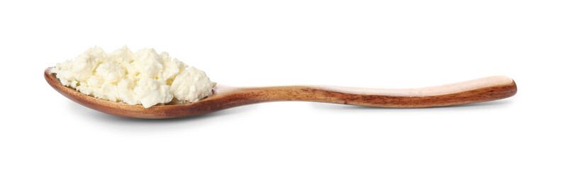 Delicious fresh cottage cheese in spoon isolated on white