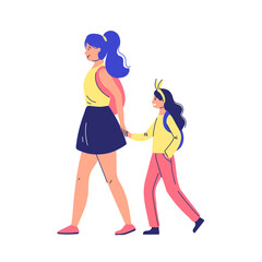 Mother with daughter.Mom holds her daughter hand.Isolated on white background. Cartoon style. Vector illustration