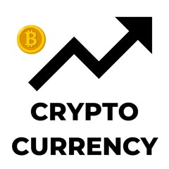 Cryptocurrency word "Cryptocurrency" with arrow up and yellow coin isolated on white background