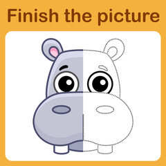 Connect the dot and complete the picture. Simple coloring hippo. Drawing game for children
