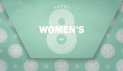 Greeting card template 8 march international womens day mint color with winter white pattern