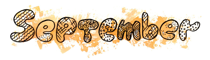 Autumn black Line art lettering September month with Watercolor orange blot on white background