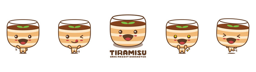 tiramisu cartoon mascot, sweet cake vector illustration, with different facial expressions and poses