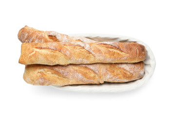 Crispy French baguettes isolated on white. Fresh bread