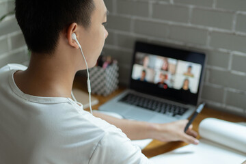 Online studying concept the university student trying to explain his opinion towards the subject...