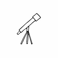 Doodle telescope image. Outline scope isolated on white background. Optical device for space exploration. Astoronamic instrument, scientific discovery, star view sign. Vector spyglass illustration