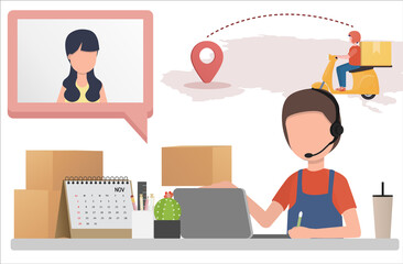 Call center staff contact customers to inform the delivery process. Customers can track delivery people online. EPS10 Vector Illustration.