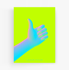 Thumbs up symbol. Hand show like or good. Sign success and nice. Voxel art. 3D vector illustration.
