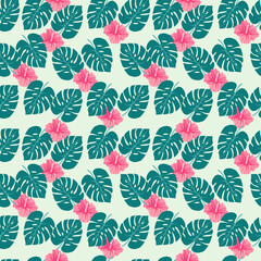 Summer seamless tropical pattern, Tropical leaves and flower, green leaf seamless floral pattern background Modern abstract design for fabric, paper, interior decor. 
