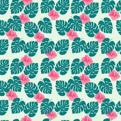 Selbstklebende Fototapeten Summer seamless tropical pattern, Tropical leaves and flower, green leaf seamless floral pattern background Modern abstract design for fabric, paper, interior decor.  © patcharawan