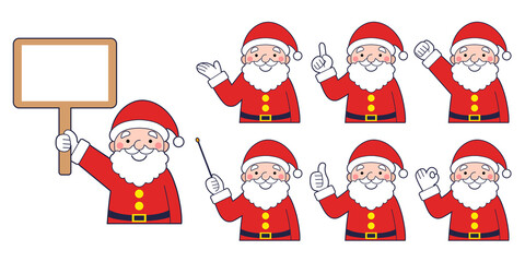 様々なポーズをするサンタクロースのイラスト　上半身　アウトライン