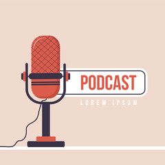 Podcast concept. Logo for live streaming, blogging and webcasting. Listening to music and audio broadcast. Recording webinar, tutorials and online courses. Vector illustration in flat cartoon style.
