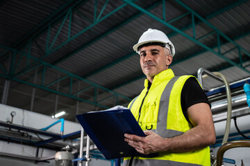 Caucasian Engineers work in industry factory, use report paper in safety uniform at industry factory. factory, industry concept