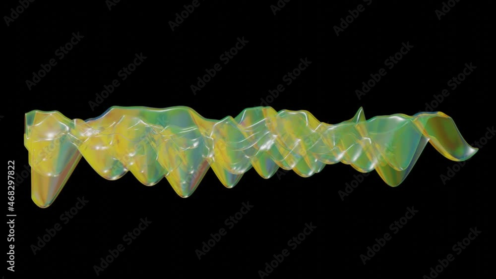 Poster a deformable piece of translucent film with iridescent stains on a black background. 3d render. loop
