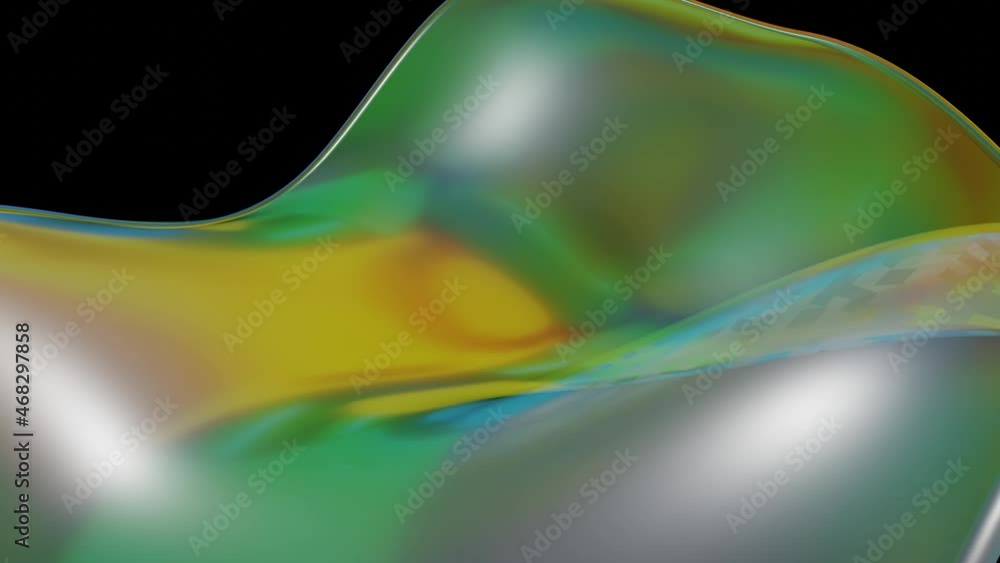 Poster a deformable piece of translucent film with iridescent stains on a black background. 3d render. loop