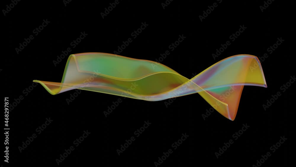 Poster a deformable piece of translucent film with iridescent stains on a black background. 3d render. loop