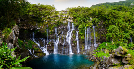 Panoramic view of waterfalls of Grand Galet, Langevin, Reunion Island - obrazy, fototapety, plakaty