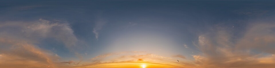 Dark blue sunset sky pano with Cirrus clouds. Seamless hdr panorama in spherical equirectangular format. Complete zenith for 3D visualization, game and sky replacement for aerial drone 360 panoramas.